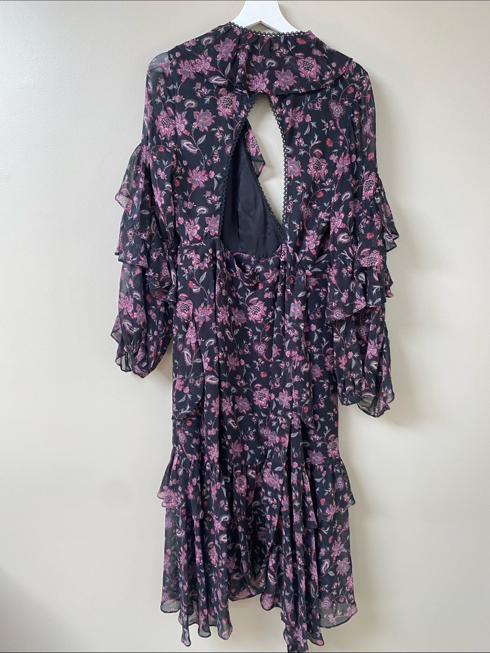 Amur Black Pink Floral Organic Silk Ruffled Dress Size 8 - Picture 8 of 10